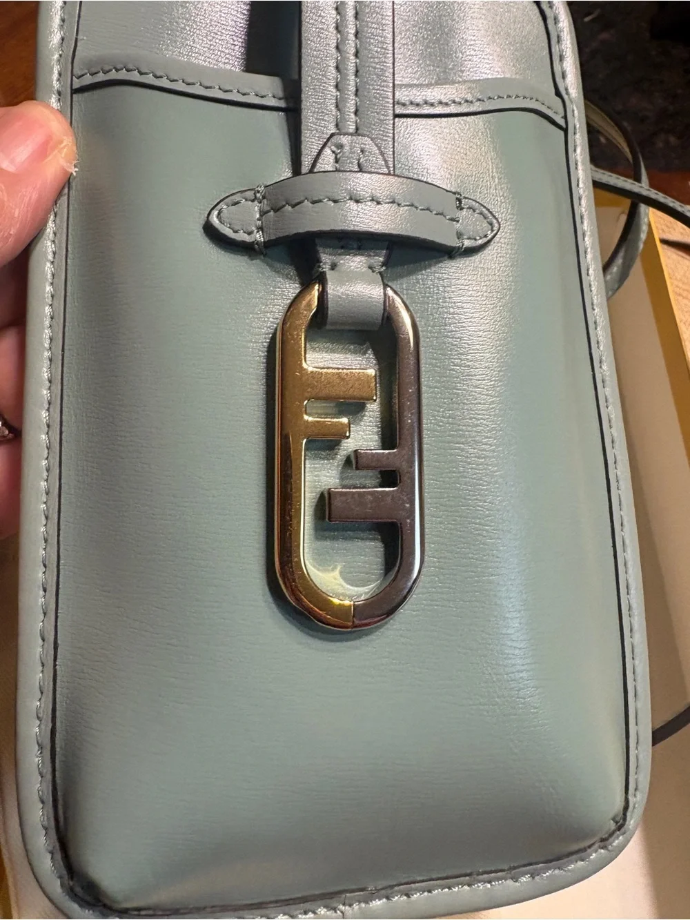 Fendi O’Lock Leather Phone Pouch Crossbody Mint Green Box Dust Bag